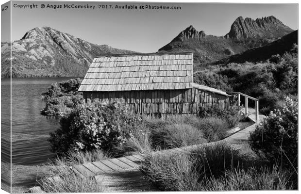 Boat shed on Dove Lake (mono) Canvas Print by Angus McComiskey
