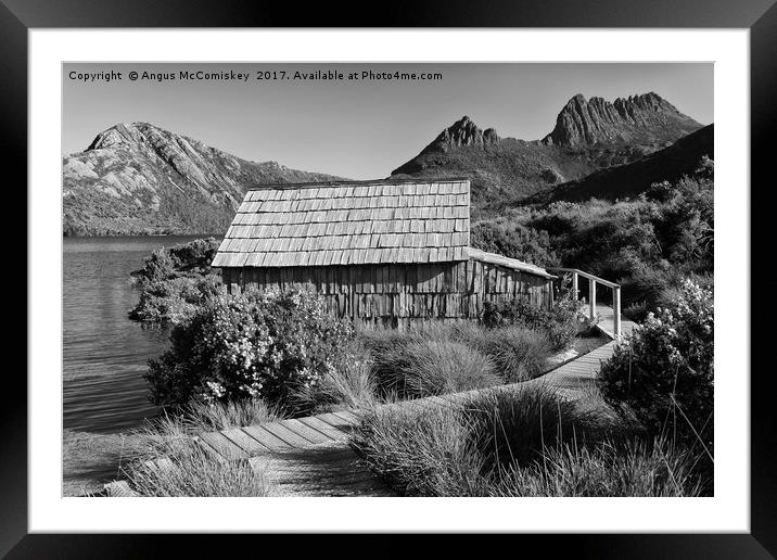Boat shed on Dove Lake (mono) Framed Mounted Print by Angus McComiskey