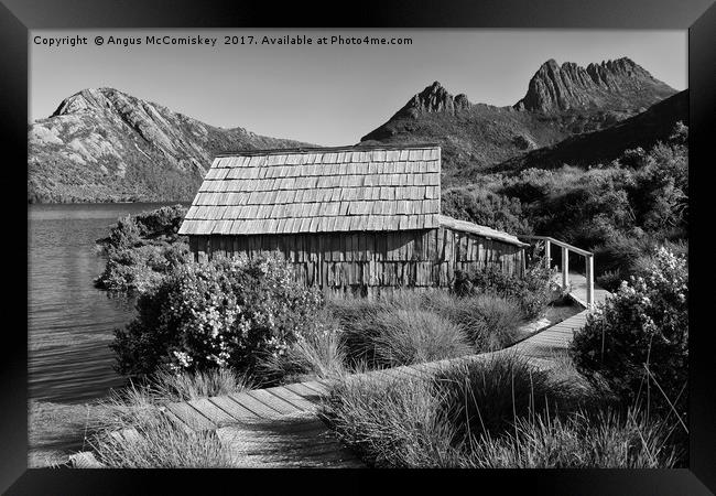 Boat shed on Dove Lake (mono) Framed Print by Angus McComiskey