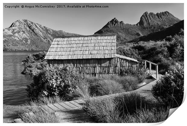 Boat shed on Dove Lake (mono) Print by Angus McComiskey