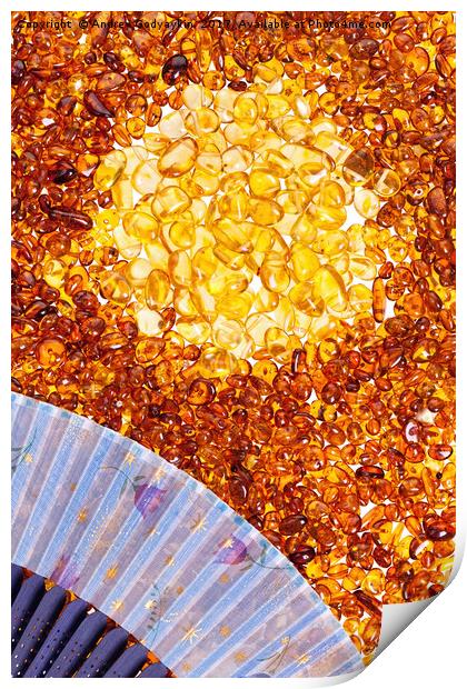 Stones of yellow amber and a blue fan. Print by Andrey  Godyaykin
