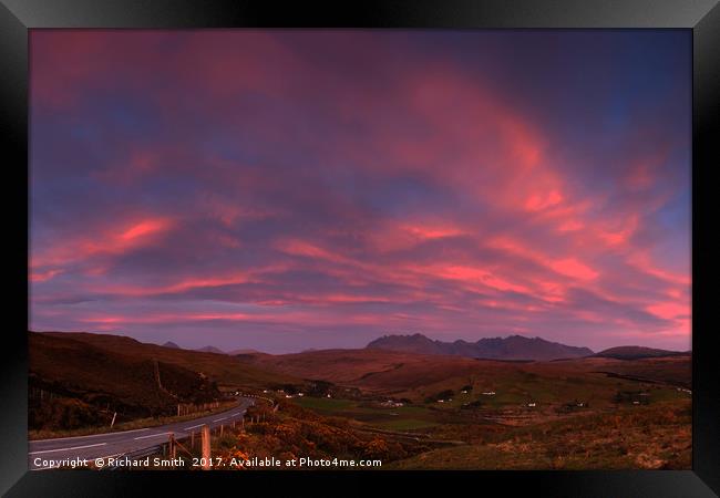 Sunset colour over Drynoch, Satran and the Cuillin Framed Print by Richard Smith