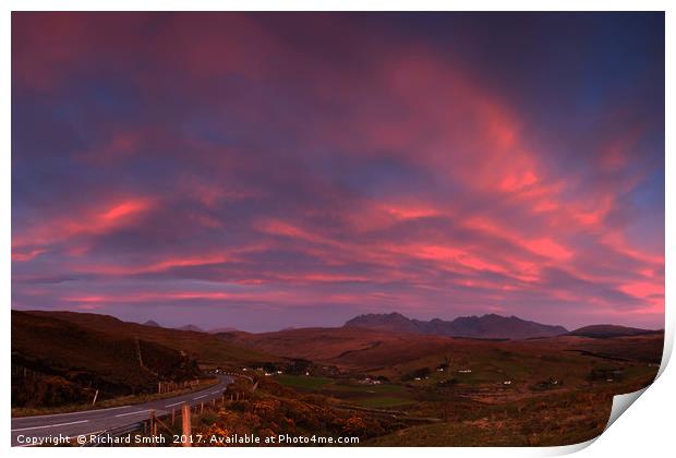 Sunset colour over Drynoch, Satran and the Cuillin Print by Richard Smith