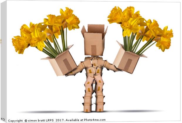 Box character holding two boxes of flower Canvas Print by Simon Bratt LRPS