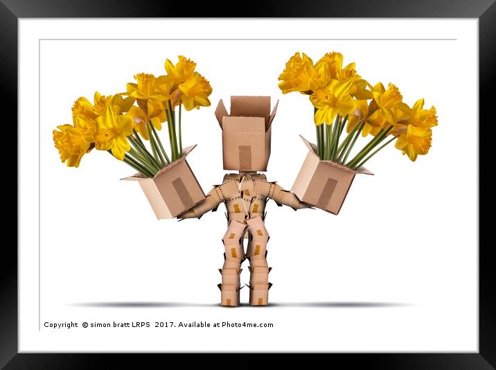 Box character holding two boxes of flower Framed Mounted Print by Simon Bratt LRPS