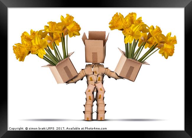 Box character holding two boxes of flower Framed Print by Simon Bratt LRPS