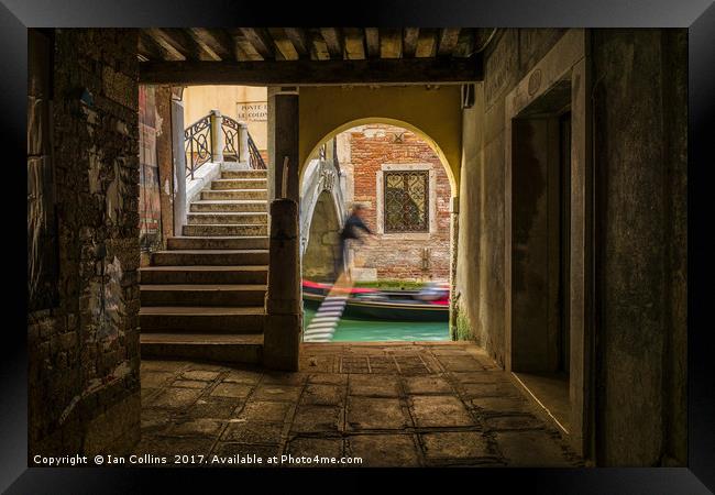 Passing Gondolier, Venice Framed Print by Ian Collins