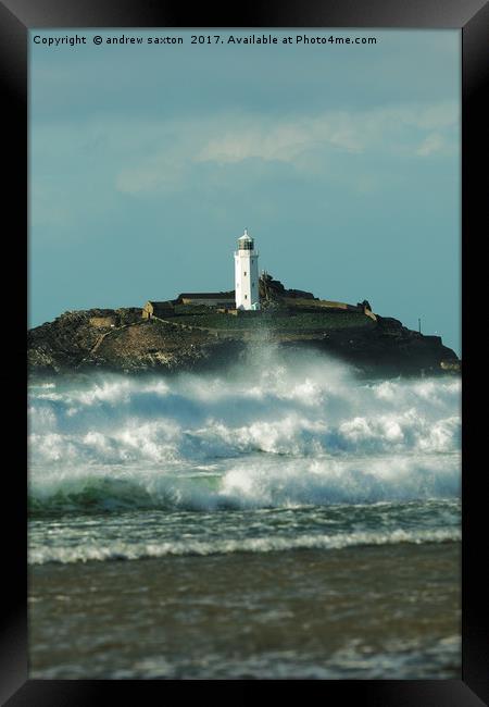 LIGHTHOUSE ROUGH SEA Framed Print by andrew saxton