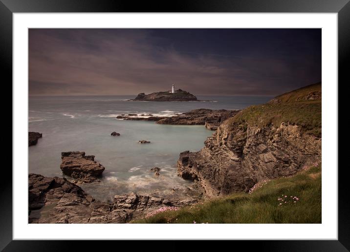 Godrevy lighthouse Cornwall at dusk Framed Mounted Print by Eddie John