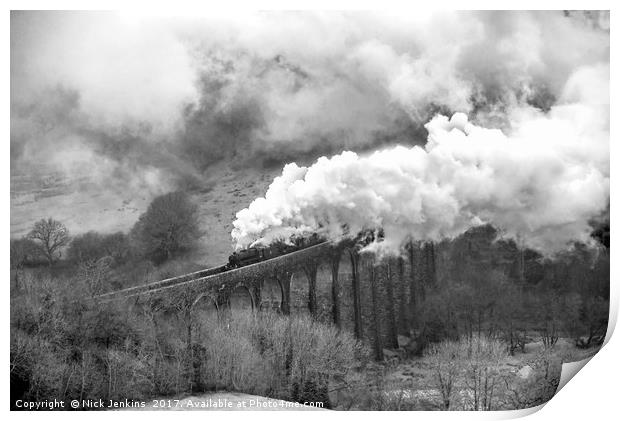 Steam Locomotives pulling train across Cynghordy V Print by Nick Jenkins