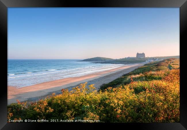 Fistral Beach and the Headland Hotel Framed Print by Diane Griffiths