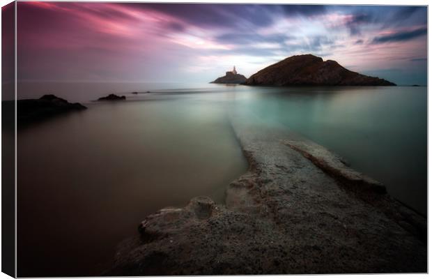 Dusk at Mumbles lighthouse Canvas Print by Leighton Collins