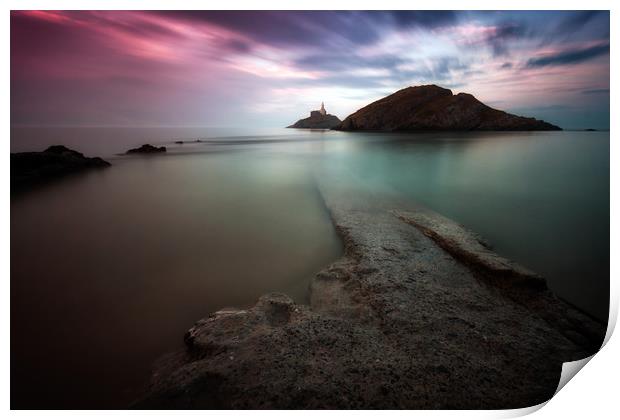 Dusk at Mumbles lighthouse Print by Leighton Collins