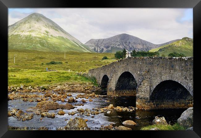 Sligachan Bridge, Marsco and Glamaig Framed Print by Steven Watson