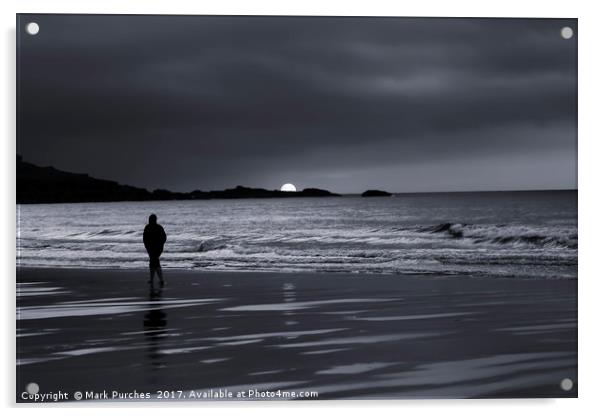 Silhouette of Man Walking Alone on Beach Sunset Acrylic by Mark Purches