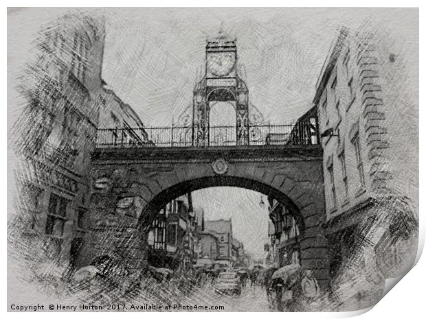 A pencil sketch. Eastgate Street, Chester. Print by Henry Horton
