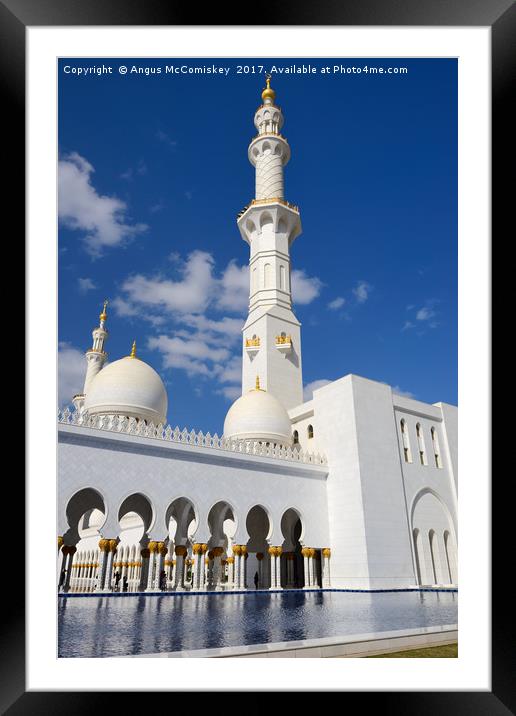 Minaret and colonnade of Grand Mosque Abu Dhabi Framed Mounted Print by Angus McComiskey