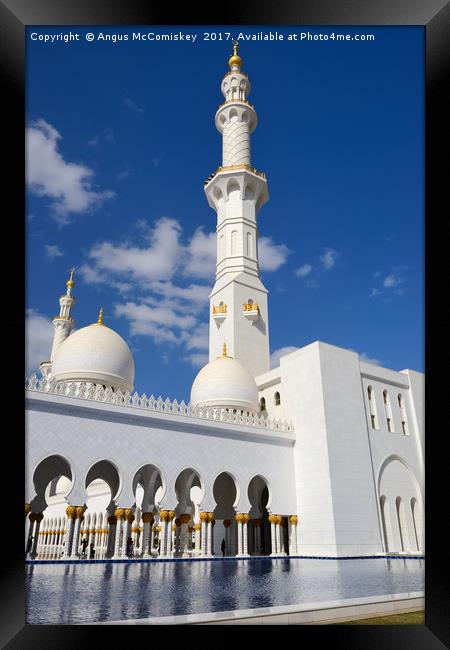 Minaret and colonnade of Grand Mosque Abu Dhabi Framed Print by Angus McComiskey