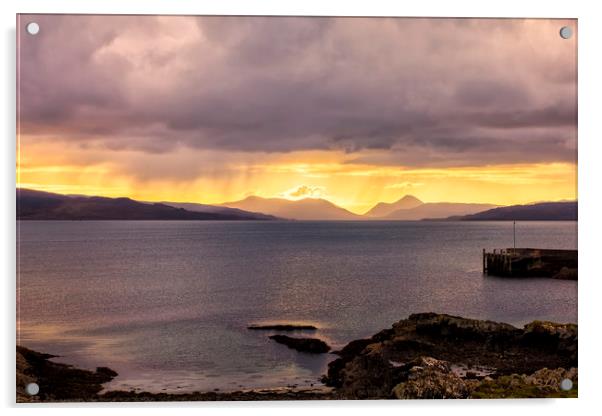 Cuillin Mountain Sunset from Gairloch Harbour Acrylic by Derek Beattie