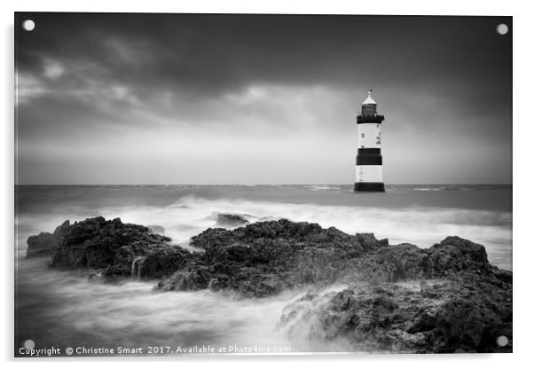 Penmon Lighthouse, Turbulent Tide B&amp;amp;W Acrylic by Christine Smart