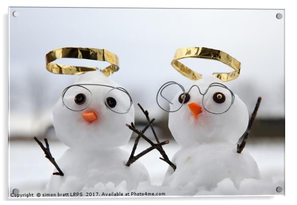 Two cute snowman angles with golden halos Acrylic by Simon Bratt LRPS