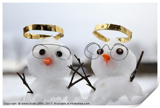 Two cute snowman angles with golden halos Print by Simon Bratt LRPS
