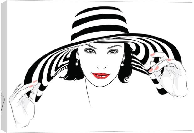 Girl with dark hair in big striped hat  Canvas Print by Dobrydnev Sergei
