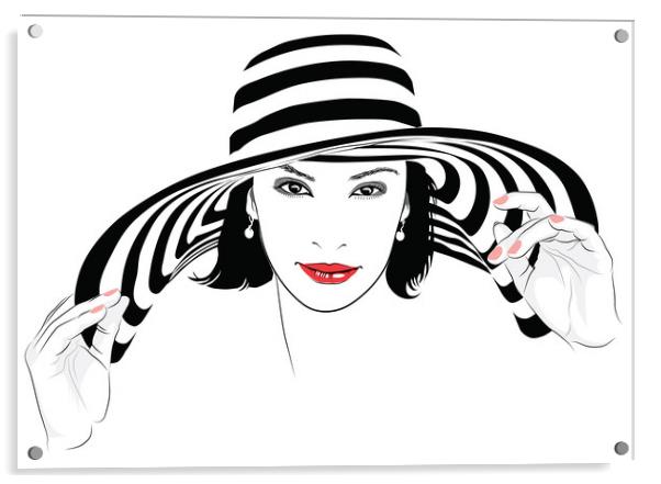 Girl with dark hair in big striped hat  Acrylic by Dobrydnev Sergei