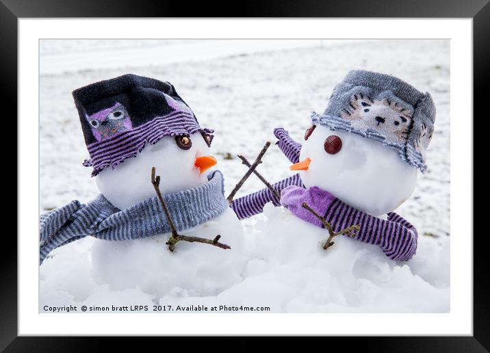 Two cute snowmen friends embracing Framed Mounted Print by Simon Bratt LRPS