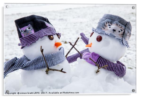 Two cute snowmen friends embracing Acrylic by Simon Bratt LRPS