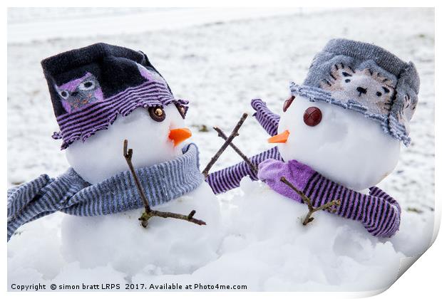 Two cute snowmen friends embracing Print by Simon Bratt LRPS