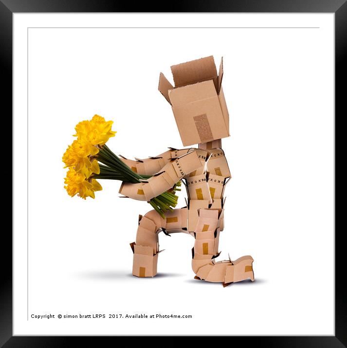 Box character on bended knee with flowers Framed Mounted Print by Simon Bratt LRPS