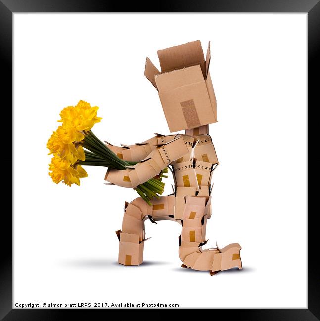Box character on bended knee with flowers Framed Print by Simon Bratt LRPS