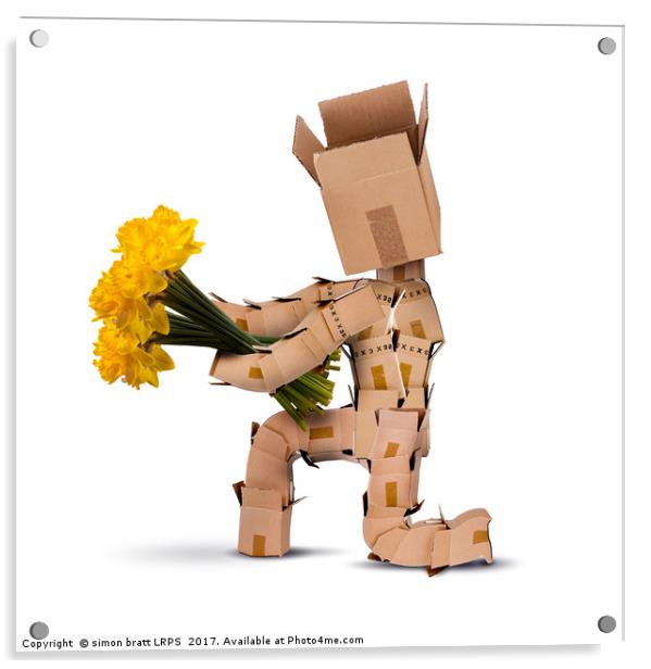 Box character on bended knee with flowers Acrylic by Simon Bratt LRPS