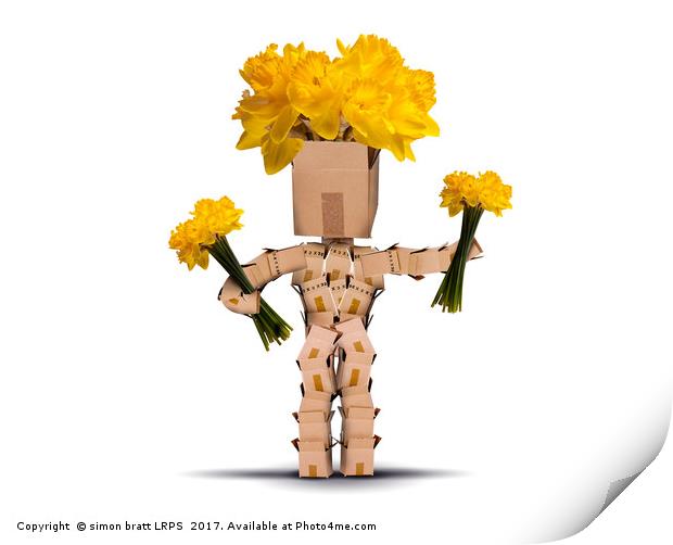 Box character holding bunches of daffodils Print by Simon Bratt LRPS