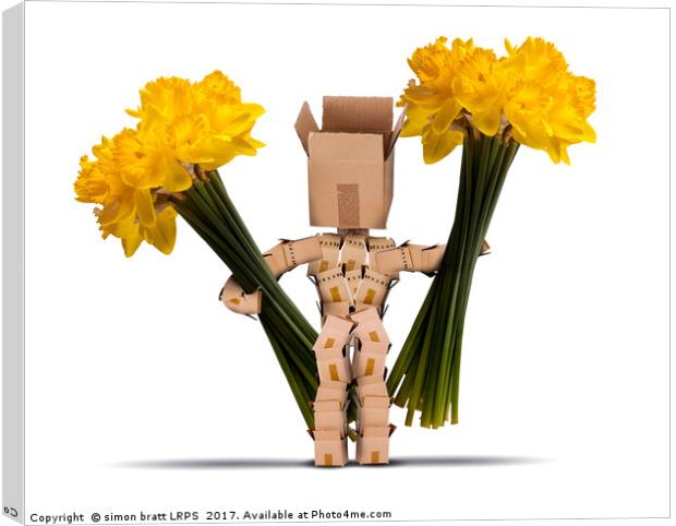 Box character holding large bunches of daffodils Canvas Print by Simon Bratt LRPS