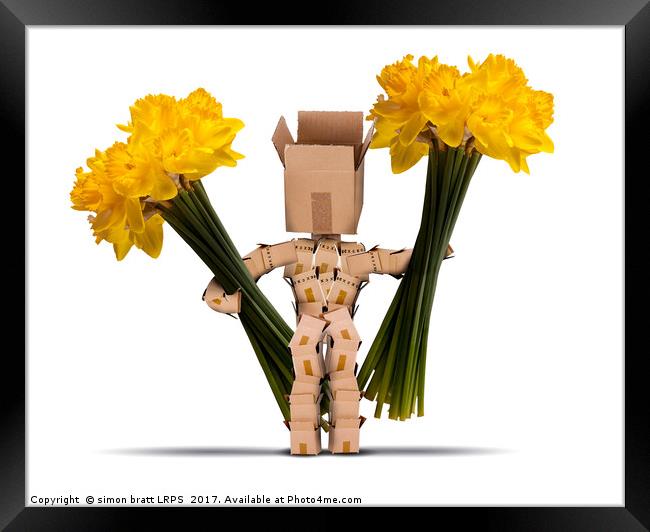 Box character holding large bunches of daffodils Framed Print by Simon Bratt LRPS