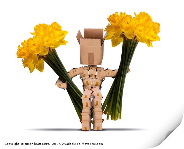 Box character holding large bunches of daffodils Print by Simon Bratt LRPS