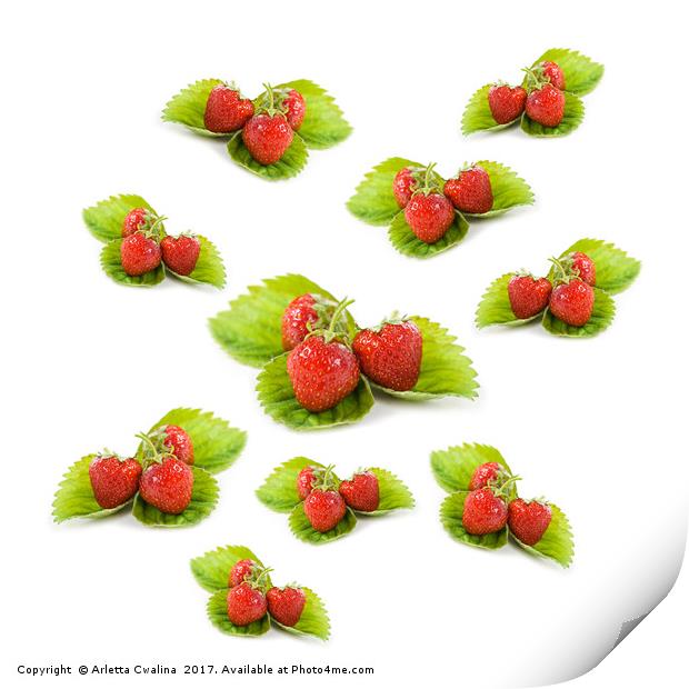 Red strawberries fruits on leaves Print by Arletta Cwalina