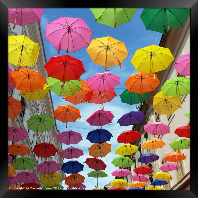 Roof of umbrellas Framed Print by Marinela Feier