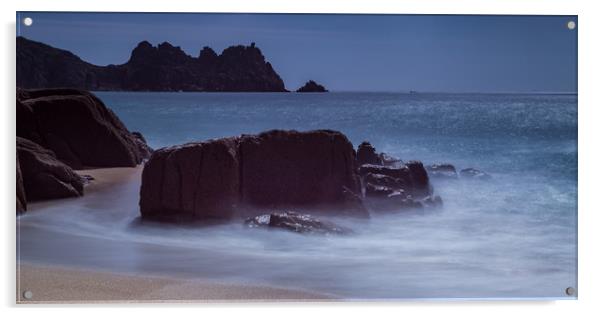 Porthcurno Beach and Logan Rock Acrylic by Nigel Jones