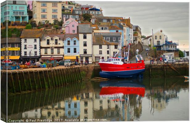 Brixham Harbour with Red Fishing Boat Canvas Print by Paul F Prestidge