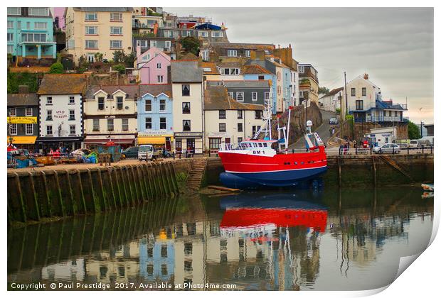 Brixham Harbour with Red Fishing Boat Print by Paul F Prestidge