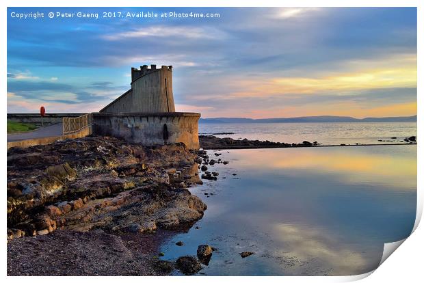 Sunset on Saltcoats Sea defence.  Print by Peter Gaeng