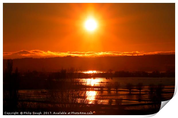 Sunset Over The Somerset Levels Floods Print by Philip Gough