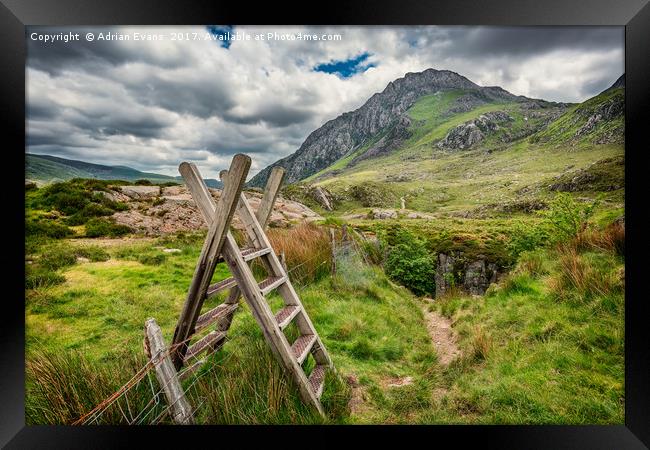 Ladder Stile To Tryfan Mountain Framed Print by Adrian Evans