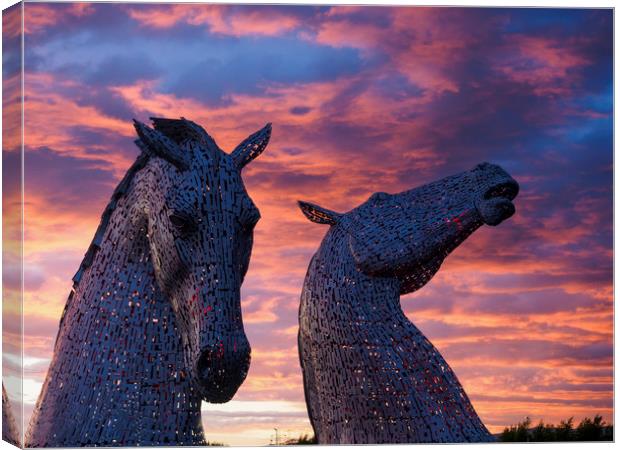 The Kelpies, Falkirk at Sunset Canvas Print by Tommy Dickson