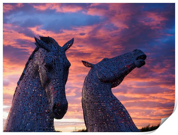 The Kelpies, Falkirk at Sunset Print by Tommy Dickson