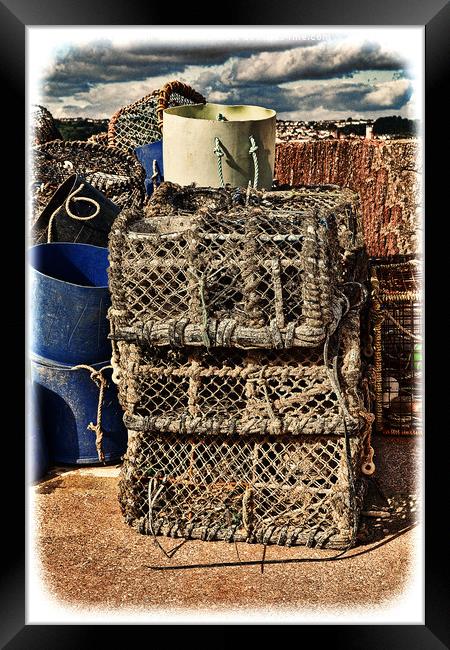 Lobster pots stacked up ready for reuse. (grunged) Framed Print by Frank Irwin