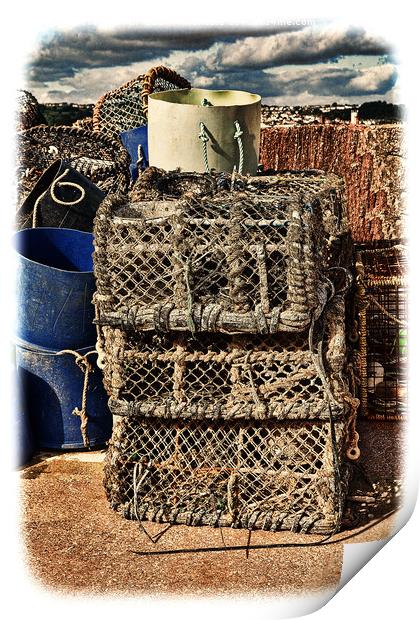 Lobster pots stacked up ready for reuse. (grunged) Print by Frank Irwin